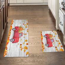 1/2 piezas Alfombra de piso de otoño y Acción de Gracias, hojas de arce amarillas clásicas y alfombras de suelo de cocina con estampado de camión rojo rellenas con calabaza, perfectas para uso en interiores/exteriores, familia, cocina, comedor, decoración de atmósfera de Accións