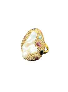 1pc Natural Baroque Freshwater Pearl & Beryl Gemstone Adjustable Ring, Fashionable Personalized Luxury Rhinestone Jewelry