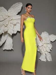 Elisanya 绷带连衣裙女士单肩手工串珠性感紧身开衩优雅鸡尾酒会晚礼服 - 黃色 - 查看 4