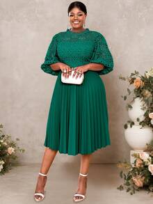 Lace Pleated Dresses Half Lantern Sleeves Hollow Out Elegant Midi Wedding Guest,Graduation Outfit - 墨綠色 - 查看 1