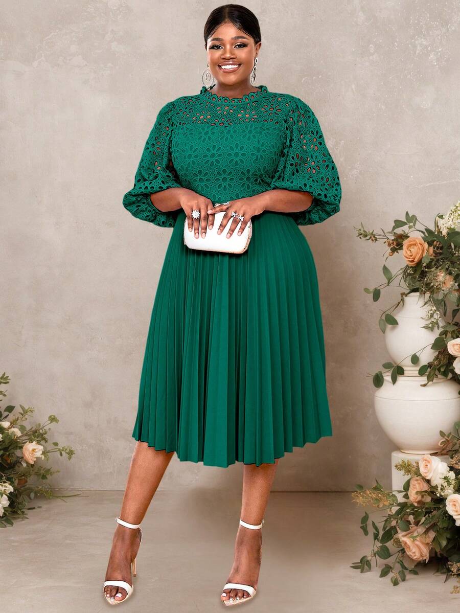 Lace Pleated Dresses Half Lantern Sleeves Hollow Out Elegant Midi Wedding Guest,Graduation Outfit - 墨綠色 - 查看 1