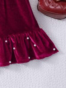 女童纯色长袖圆领荷叶边天鹅绒连衣裙，优雅百搭，适合秋冬季穿着 - 乾枯玫瑰色 - 查看 6