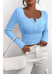 Women's 2026 Fall Long Sleeve Henley T Shirts Button Ribbed Knit Slim Fit Basic Tops Blouse Casual Outfits/Vacation Outfits Women/Valentine Outfits For Women - 淺藍色 - 查看 1