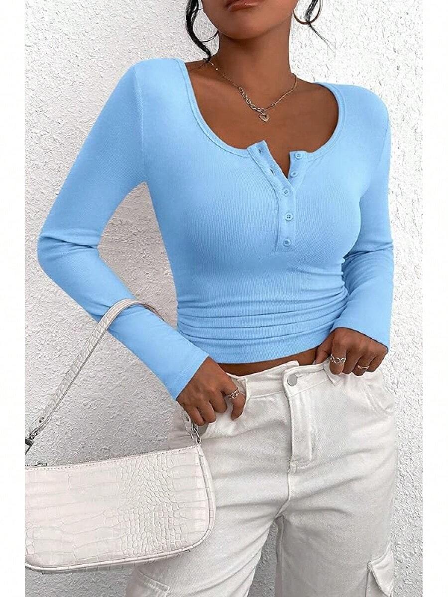 Women's 2026 Fall Long Sleeve Henley T Shirts Button Ribbed Knit Slim Fit Basic Tops Blouse Casual Outfits/Vacation Outfits Women/Valentine Outfits For Women - 淺藍色 - 查看 1