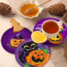 4 件万圣节杯垫，南瓜图案圆形杯垫，带橡胶底座，适用于饮料、咖啡、装饰、家庭、办公室、酒吧、节日或派对
