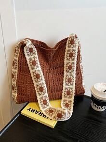 Dedoo Túi đeo chéo cổ điển rỗng ruột, họa tiết hoa phối màu tương phản (Màu/Họa tiết hoa ngẫu nhiên), (Màu/Họa tiết dây đeo ngẫu nhiên) - Cà phê nâu - Xem 4