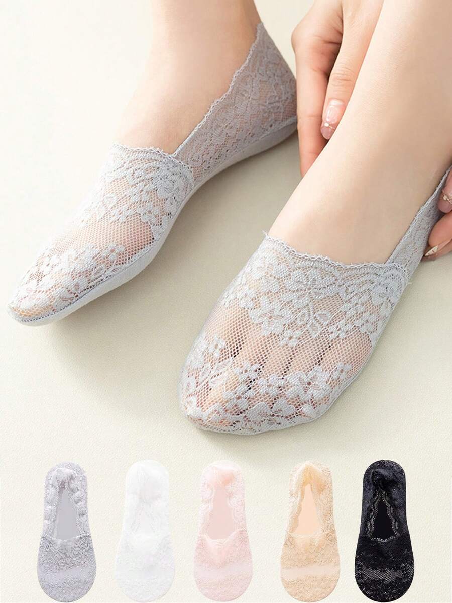 时尚女士女童袜子款式蕾丝花朵短款防滑隐形踝袜黑色柔软隐形袜拖鞋