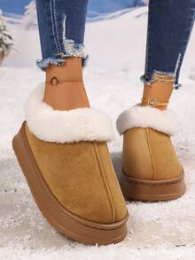 女士冬季拖鞋、厚底雪地靴、加厚平底靴、保暖鞋、户外防滑靴、Uggs 仿品、女士冬靴、女士冬季毛茸茸雪地靴毛茸茸圆头绒面短靴平跟一脚蹬户外室内鞋时尚保暖毛茸茸鞋， - 卡其色 - 查看 5