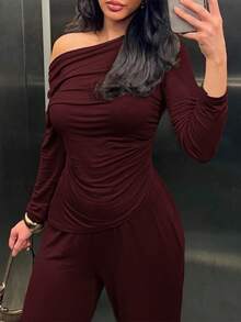 Set elegant pentru femei Vaiaye, top scurt cu mânecă lungă, culoare solidă, asortat cu pantaloni evazați casual, potrivit pentru ținute casual zilnice, ideal pentru femei de Crăciun, ziua de naștere, Anul Nou și alte ocazii