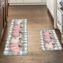 1/2 pièces Tapis de sol d'automne et de Thanksgiving, tapis de sol de cuisine avec motif de citrouille rose sur fond à carreaux gris-blanc classique. Convient pour la décoration de fête, la cuisine, la salle de bain, la chambre, la cuisine et la salle à manger, les décorations de Thanksgiving, l'aménagement festif du sol - Multicolore - Voir 8
