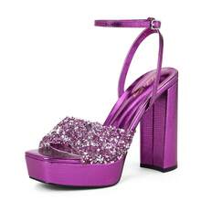 Women 4IN Rhinstone Square Toe Platform Strappy Chunky Block Dressy Heeled Sandals Sparkly Lizard Pattern Leather Heels For Evening Prom - Purple - View 2
