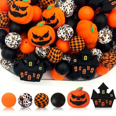 28pcs Silicone Beads Ghost Castle 3D Pumpkin Silicone Shape Pine Bead Pumpkin Printing Series Orange Black Halloween Round Beads Suitable For Jewelry Decoration Beads Accessories Used As Earrings, Necklaces, Bag Chains, Beads Pen Phone Chains, Makeup Brushes, Keychains And Other DIY Set Accessories Suitable For Holiday Gifts, Birthday Gifts