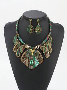 Bohemian Necklace Set With Random Patterned Necklace & Earrings, Women Fashion Jewelry Set - Red - View 15