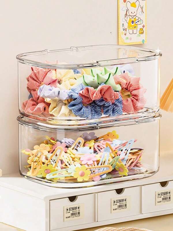 1pc Transparent Thick PET Material Flip-Cover Jewelry Box, Multi-Functional Storage Box For Hair Accessories, Bracelets, Cosmetics, Stationery, Portable Home Organizer