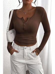 Women's 2026 Fall Long Sleeve Henley T Shirts Button Ribbed Knit Slim Fit Basic Tops Blouse Casual Outfits/Vacation Outfits Women/Valentine Outfits For Women - 咖啡 - 查看 3