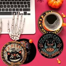 4 件万圣节杯垫，南瓜图案圆形杯垫，带橡胶底座，适用于饮料、咖啡、装饰、家庭、办公室、酒吧、节日或派对