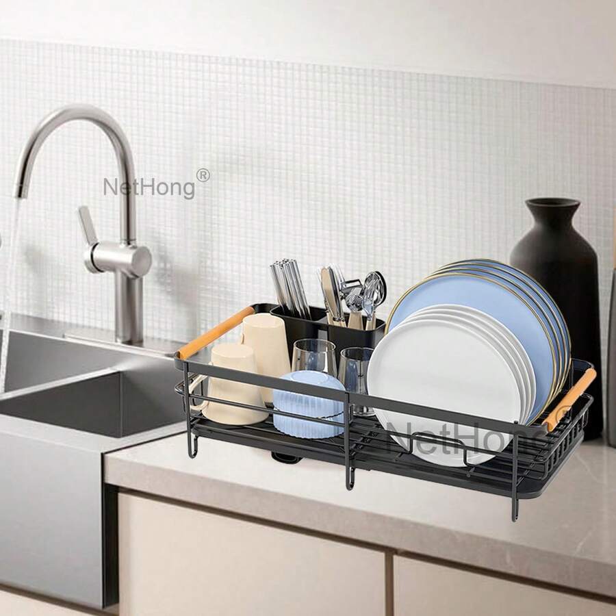 NetHong Large Kitchen Sink Dish Drainer Rack With Drip Tray And Plate Cutlery Holder UK