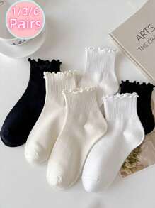 1 paire/3 paires/6 paires Chaussettes blanches pour femmes, chaussettes courtes style japonais avec bord roulé, chaussettes mignonnes avec bordure à volants