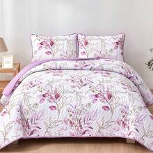 2025 Purple Floral Coverlet Set-Quilted Bedspread Sets (3Pcs),Home Room Decor, Dorm Decoration, Valentine Day Gifts, All Seasons - Màu tím - Xem 1
