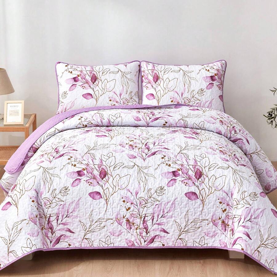 2025 Purple Floral Coverlet Set-Quilted Bedspread Sets (3Pcs),Home Room Decor, Dorm Decoration, Valentine Day Gifts, All Seasons - Màu tím - Xem 1