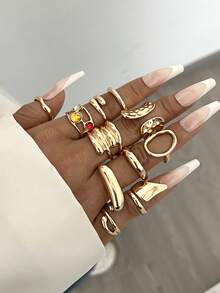 20 件优雅奢华派对风格淡紫色女士金色戒指套装，花卉仿珍珠，几何线条设计，适合日常、派对、节日、婚礼、时尚珠宝 - 款式8 - 查看 3