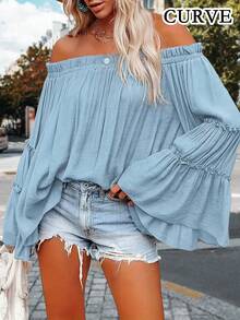 Plus Size Women's Solid Color Off Shoulder Flare Sleeve Blouse Spring - Baby Blue - View 2