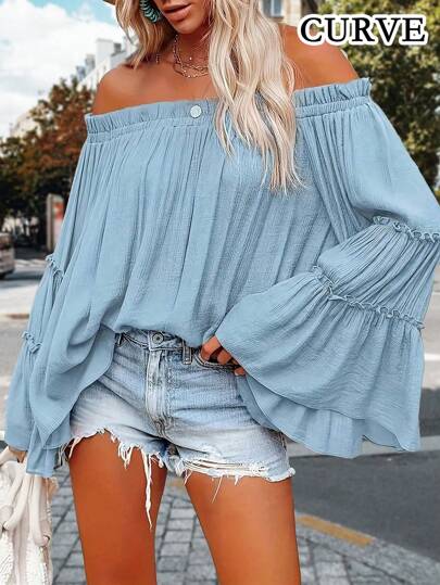 Plus Women's Solid Color Off Shoulder Ruffle Sleeve Shirt Top
