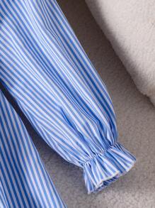 女童条纹Polo领长袖刺绣小马连衣裙，休闲软领衬衫裙，单排扣百搭，适合春秋季 - 藍白色 - 查看 4