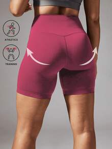 Plus Size Women High Waist Solid Color Casual Fitness Shorts - Hot Pink - View 3