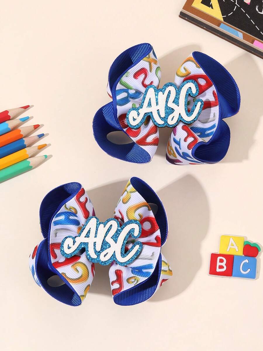 2 件装开学季女孩蝴蝶结发夹，海军蓝罗缎丝带鳄鱼夹，字母印花发夹，甜美女孩小辫蝴蝶结发饰，开学第一天校服头饰，课堂学生青少年发饰 - 彩色 - 查看 1