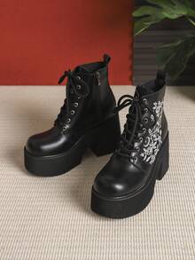 哥特式系带刺绣厚底踝靴，侧拉链，朋克摇滚风格 - 黑色 - 查看 8