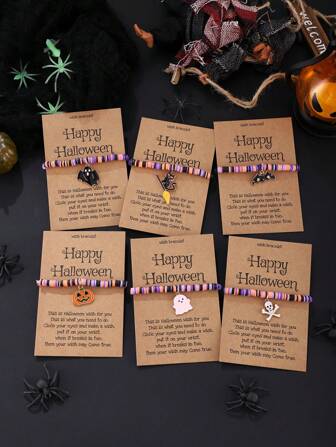 1 pezzo/6 pezzi Set braccialetti Ognissanti, Zucca vintage, Pipistrello, Teschio, Fantasma, Gatto nero Braccialetto pendente in argilla polimerica, Biglietto di auguri di Ognissanti, Braccialetto elastico regolabile, Regalo di Ognissanti