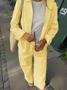 Look Polly 女式春夏休闲街头风格条纹撞色上衣、衬衫、长裤两件套纽扣衬衫女式条纹休闲、女士休闲套装返校服万圣节奶油黄衣服女式圣诞节 - 黃色 - 查看 6