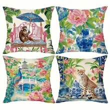 18x18 Inch Blue And White Chinoiserie Throw Pillow Covers, Floral Peacock & Pagoda Watercolor Print, Farmhouse Decor For Indoor/Outdoor Use, Envelope Closure, Machine Washable - 樣式 2 - 查看 6