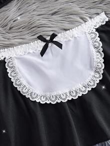 2件套新款性感女士内衣套装，蕾丝边蝴蝶结装饰三角杯文胸+网纱荷叶边裙连体围裙腰蕾丝拼接情趣短裙，黑白配色情趣制服套装 - 黑色 - 查看 4
