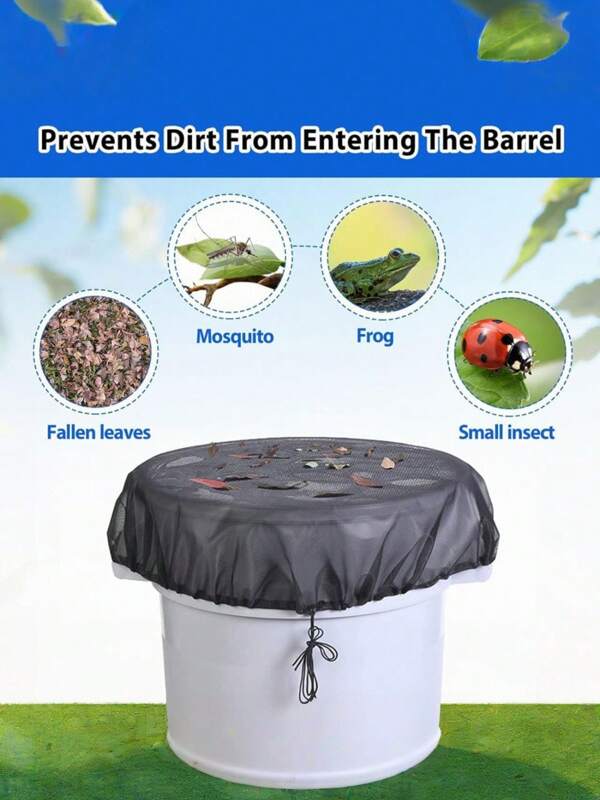 1 pieza Cubierta de malla para barril de lluvia, cubos de red de recolección de agua, cubierta de rejilla para barriles de nieve con cordón Adjustable, pantalla de filtro para accesorios de barril para lluvia de jardín al aire libre que evitan que los mosquitos, las hojas caídas y otros elementos entren en el cubo