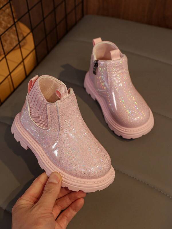 1 Paar Modestiefel für Kleinkind Mädchen, glitzerndes weiches Lackleder, runde Zehenpartie, warme dicke Sohle, seitlicher Reißverschluss, elastischer Kragen, klassische kurze Knöchelstiefel im britischen Stil, modisch und niedlich, geeignet für Baby Mädchen Lässig, Party, Schulkleidung im Herbst/Winter