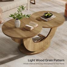 LITTLE TREE Round Living Room Coffee Table, 2-Tier Farmhouse Coffee Table With U-Shaped Frame, Low Accent Center Cocktail Table For Home, Apartment(Natural) - 自然的 - 查看 4