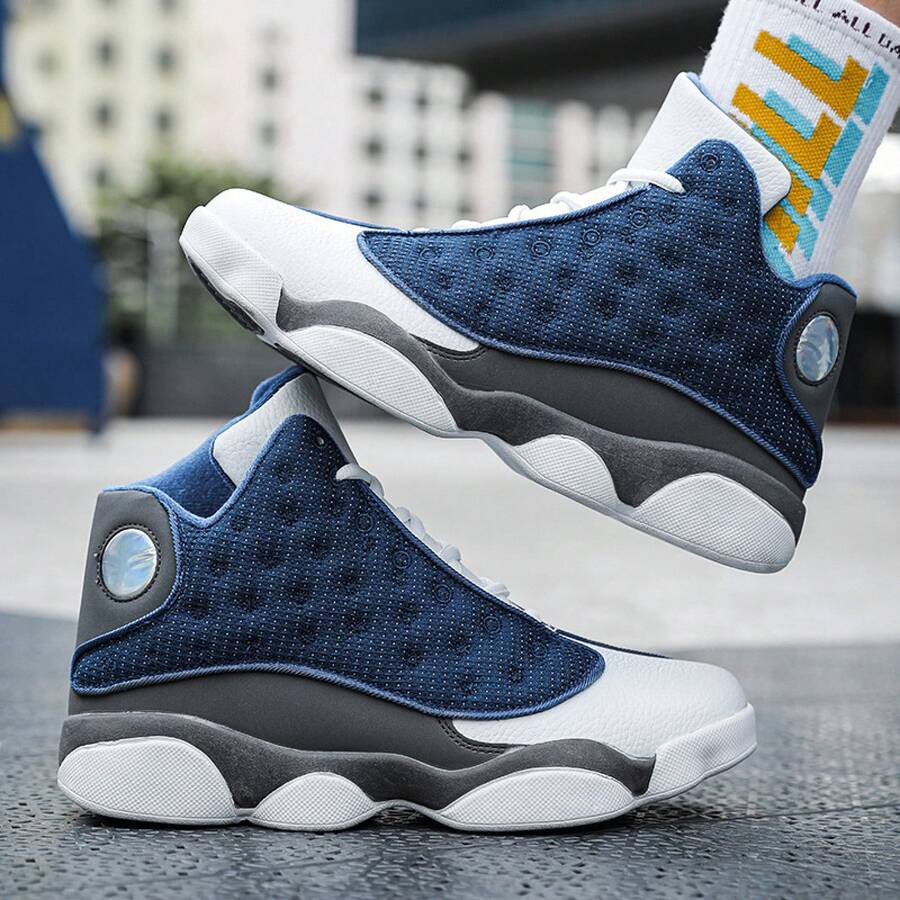 Basketball Shoes Men's Casual Large Size 47 Sports Shoes Student High-Top Running Shoes Medium And Large Combat Training Shoes - Trắng và xanh - Xem 1