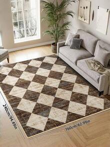 1PC Brown And White Diamond Patchwork Living Room Area Rug Comfortable And Soft Surface 100% Polyester Waterproof And Stain-Resistant Silicone Back For Non-Slip And Non-Shifting Suitable For Living Room Large Size Bedroom Home Decoration Household Items Door Outdoor Rug Mat Multiple Sizes Available Machine Washable And Easy To Care For Pet And Child Friendly Kitchen Rug