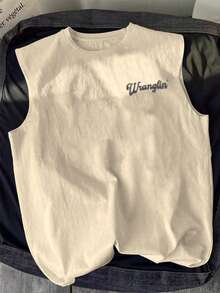 NEON DUSK 男士卡其色西部牛仔字母印花圆领背心，休闲日常穿着 - 卡其色 - 查看 2