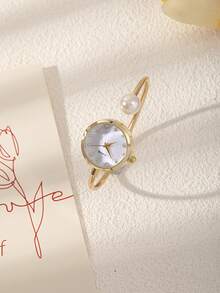1 Women's Fine Fiber Bracelet, 1 Large Pearl, Diamond Cut Glass Rhinestone Dial, Minimalist Quartz Watch Bracelet, Watch - Gold - View 3