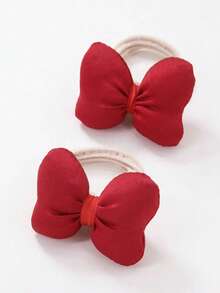 2 件/套女孩红色纯色面料填充棉质 3D 蝴蝶结弹力发带，可爱甜美公主风格，适合日常使用