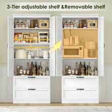 Armário de cozinha, buffet de cozinha com 2 portas e 2 gavetas, armário de buffet, armário de despensa, cozinha com prateleira ajustável, armário alto, armário multiuso, branco - Branco - Ver 3