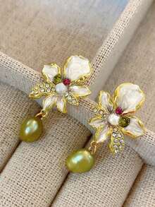 女士天然仿珍珠花朵耳环，复古古董风格，独特设计，新款中式耳钉，品质优雅，2025年新品上市 - 彩色 - 查看 13