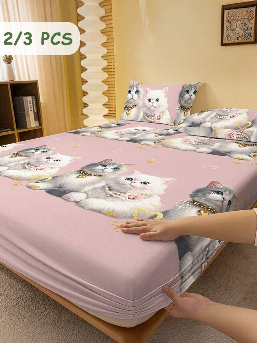 2/3 Pcs Printed Fitted Sheet Set, Bedding, Bed Sheet Set, Halloween Decor, Fall Decor, Soft And Comfortable Bedding, Room Decor, Christmas Decoration, Skin-Friendly Bed Cover Set For All Season, Halloween Gift, Mattress Protector For Bedroom, Fits For Twin Full King Queen Size Bed, 1 Fitted Sheet And 2 Pillowcases, Machine Washable