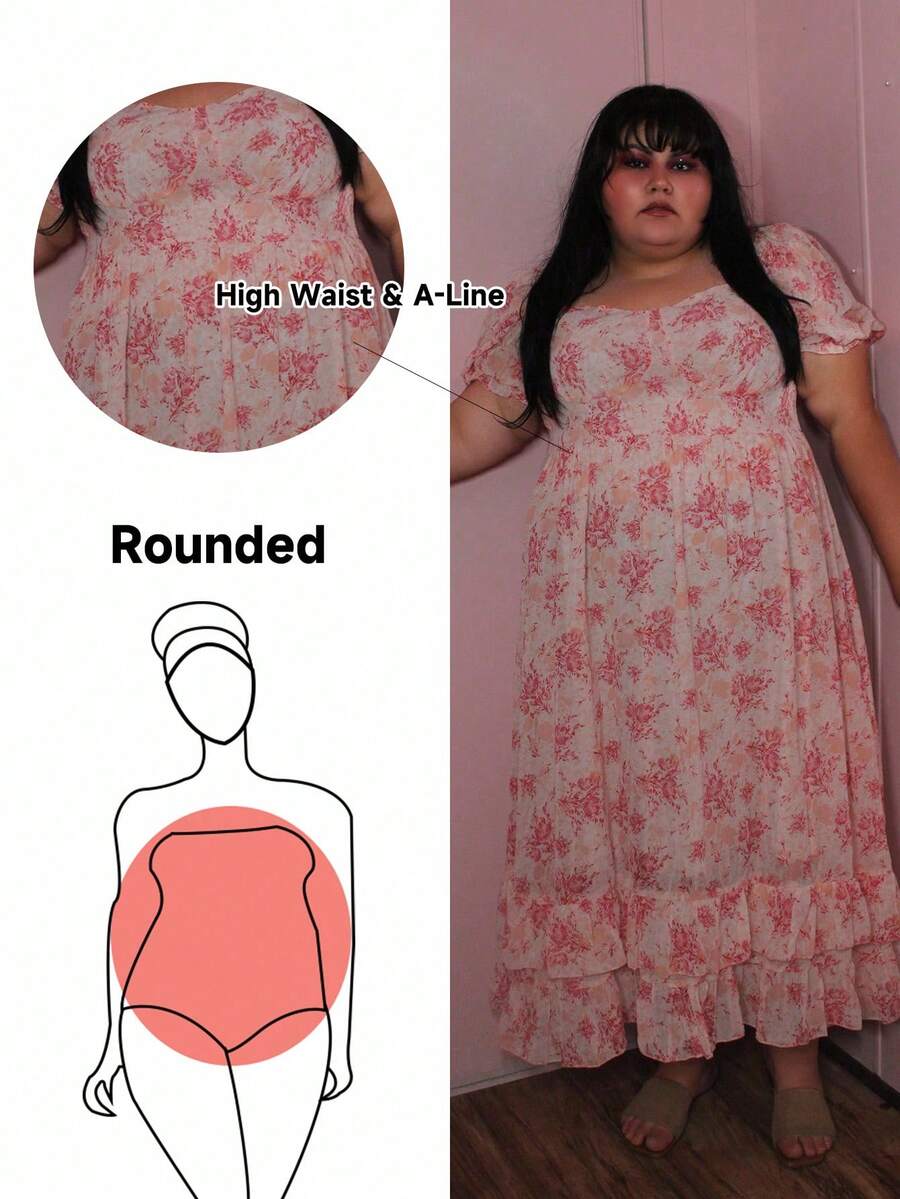 Enliva 加大码波西米亚风夏季浪漫雪纺花卉印花连衣裙，带褶边和下摆，女装 - 粉色 - 查看 1