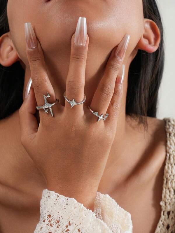 3pcs Set Minimalist Y2K Korean Star Rhinestone Rings For Women, Suitable For Dating, Holiday, Christmas Gift