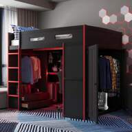 MERAX Full Size Wood Loft Bed With Desk,Wardrobe,Ample Storage Space,And RGB LED Light, Red