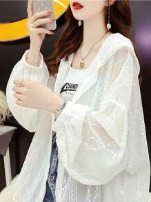 Women's Tops - Lightweight Lace Hooded Cardigan, Summer Chiffon UV Protection Jacket, UV Protection Jacket For Cooling, Breathable Polyester Blend (White Flower Print), UV Protection Effect